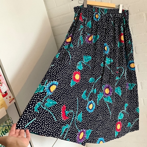 Vintage Maxi skirt Button down Navy Polka dot Dark Floral print Coquette 20W - Picture 1 of 8